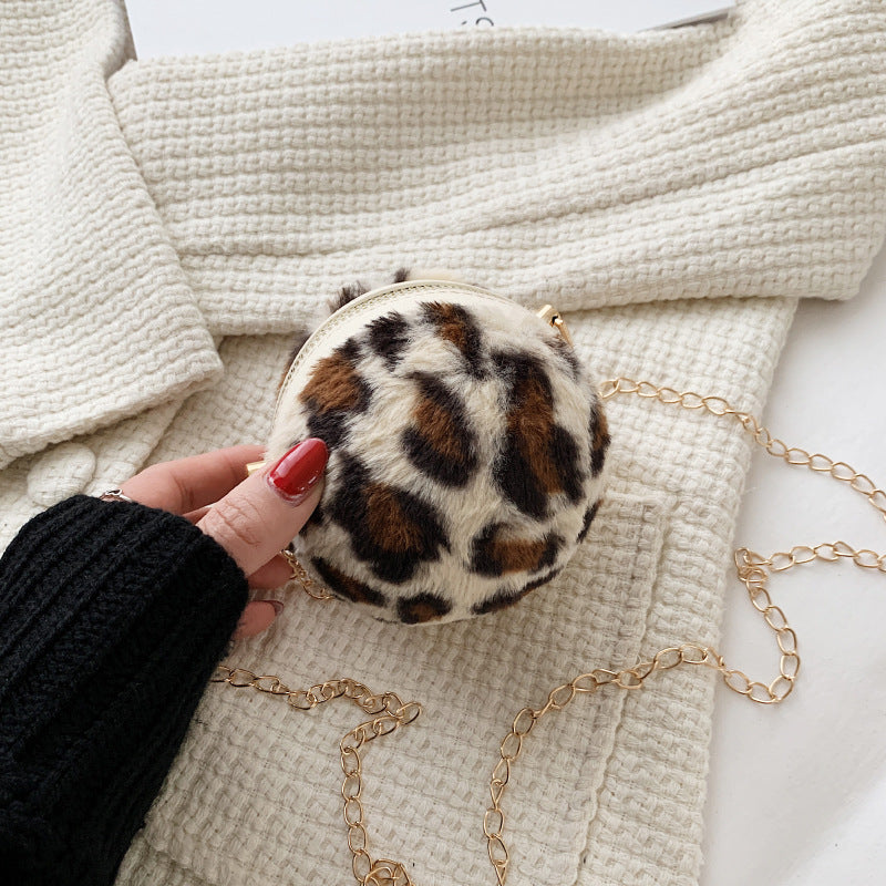 Wholesale Plush Leopard Messenger Round Bag